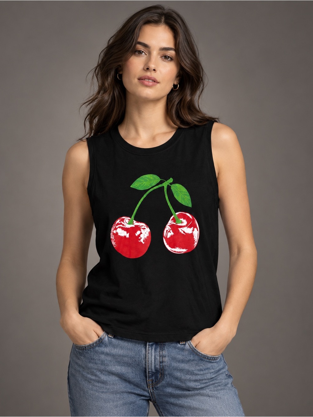 Lauren Moshi Cherry Graphic Crew Neck Tank Black Tencel Made in USA Womens XS